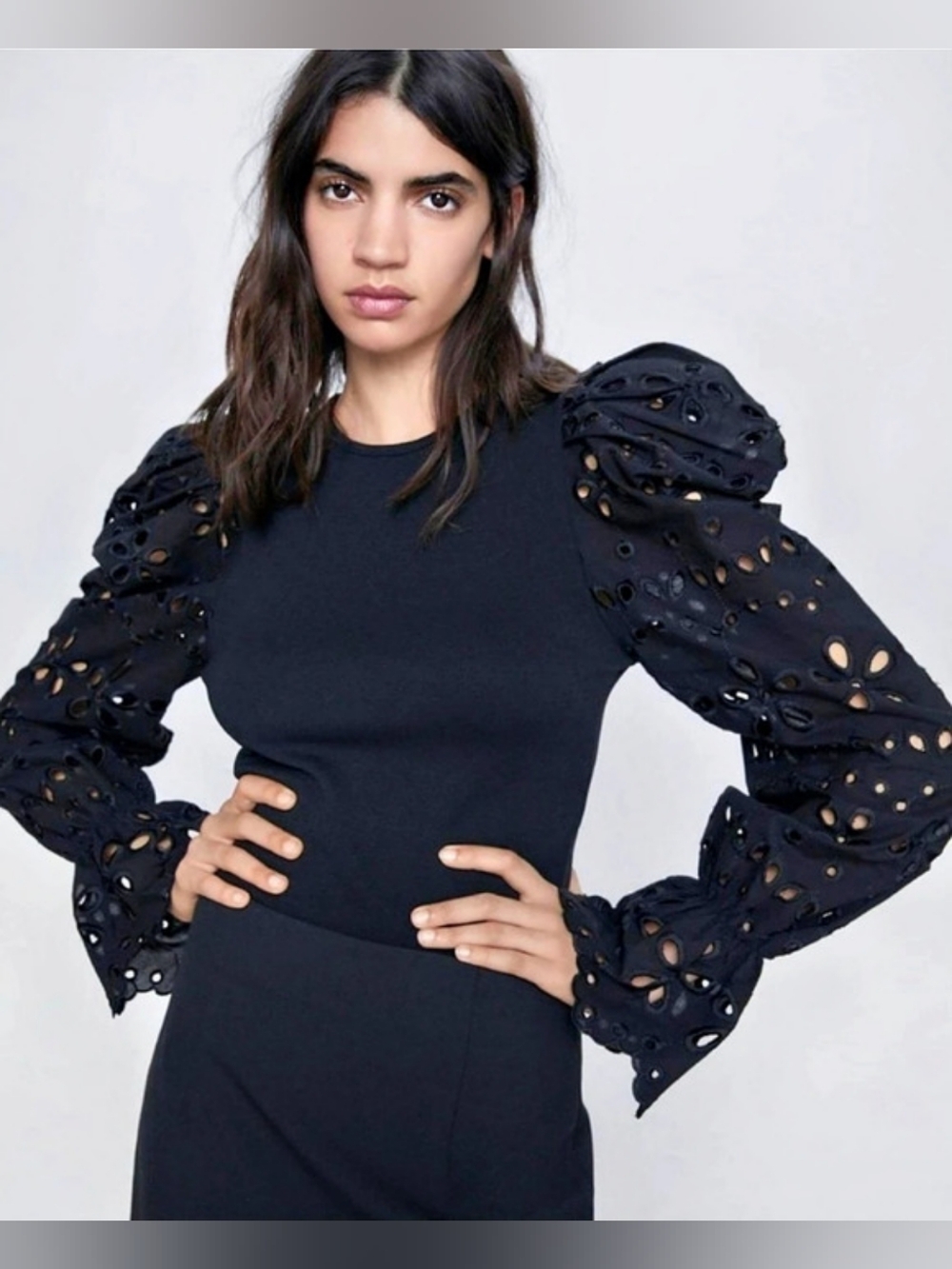 Zara Embroidered Puff Sleeve Shirt Black Size Large